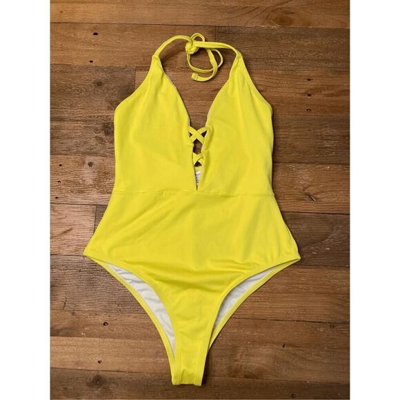 Frederick's of Hollywood SMALL NWT Sunset Strap Blazing Yellow Halter Swimsuit - Picture 2 of 9